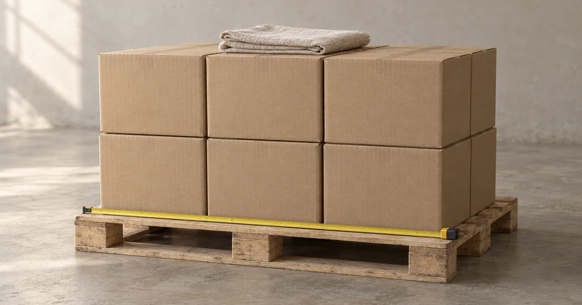 Wholesale sewing supplies cartons stacked on a pallet with measured marks on the outer boxes