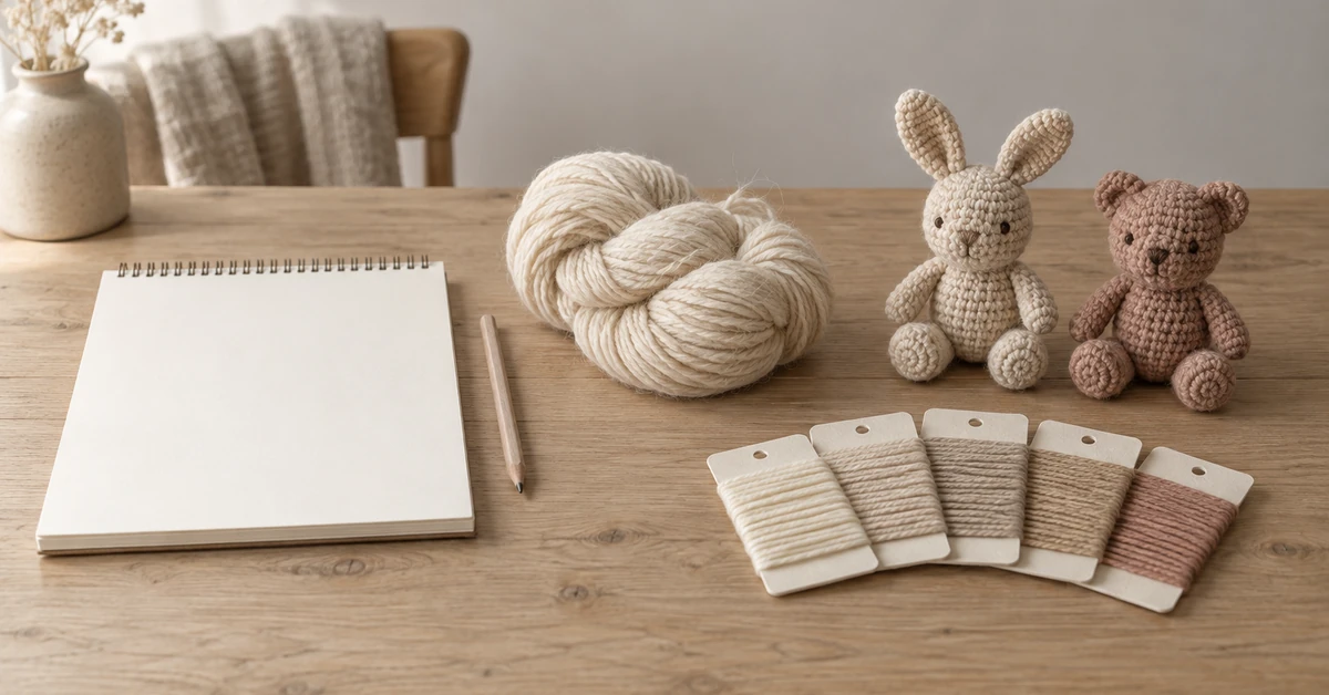 Revisión del diseño de un fabricante de muñecas de ganchillo personalizadas con bocetos, un archivo de patrón y muestras de muñecas.