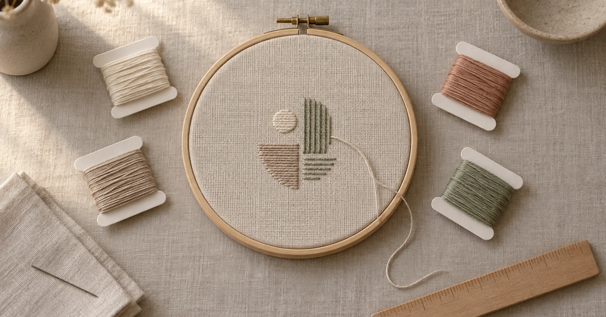Componentes del fabricante del kit de punto de cruz DIY con bastidor, diagrama y tarjetas de hilos en uso.