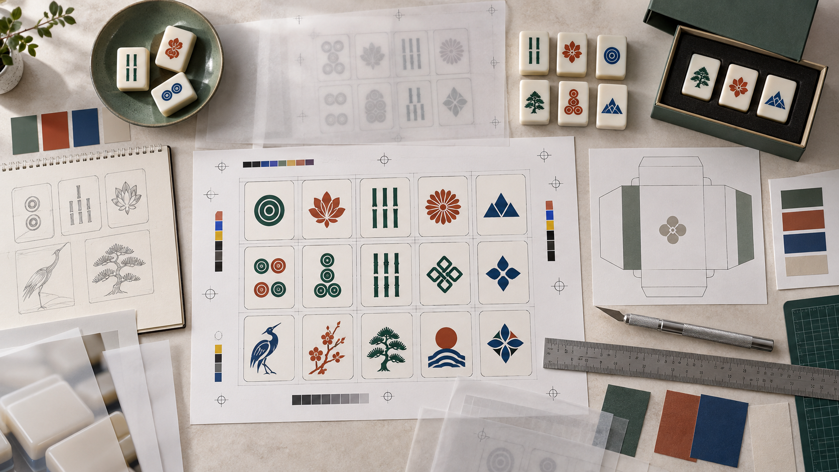mahjong artwork preparation guide with tile face layouts color chips overlays ruler and packaging dieline