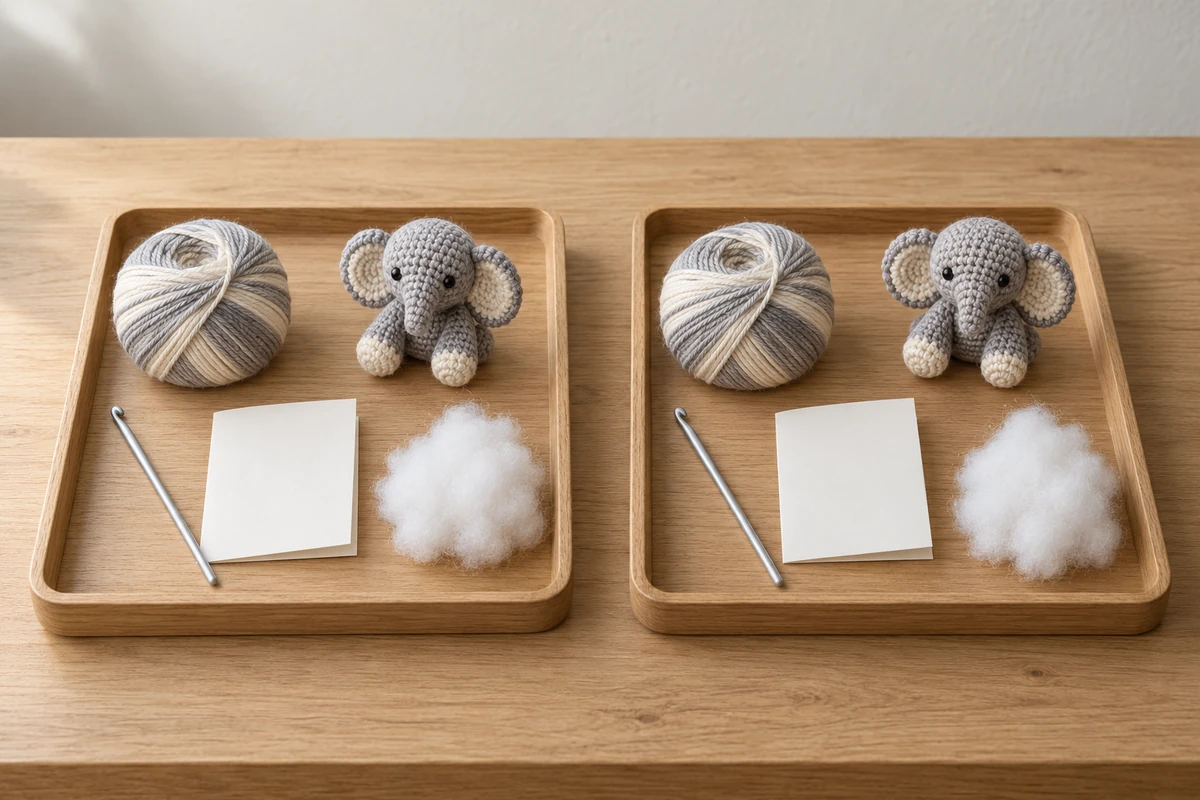 Dos bandejas de madera que contienen la misma muestra de kit de ganchillo para una comparación entre fabricantes de kits de amigurumi.