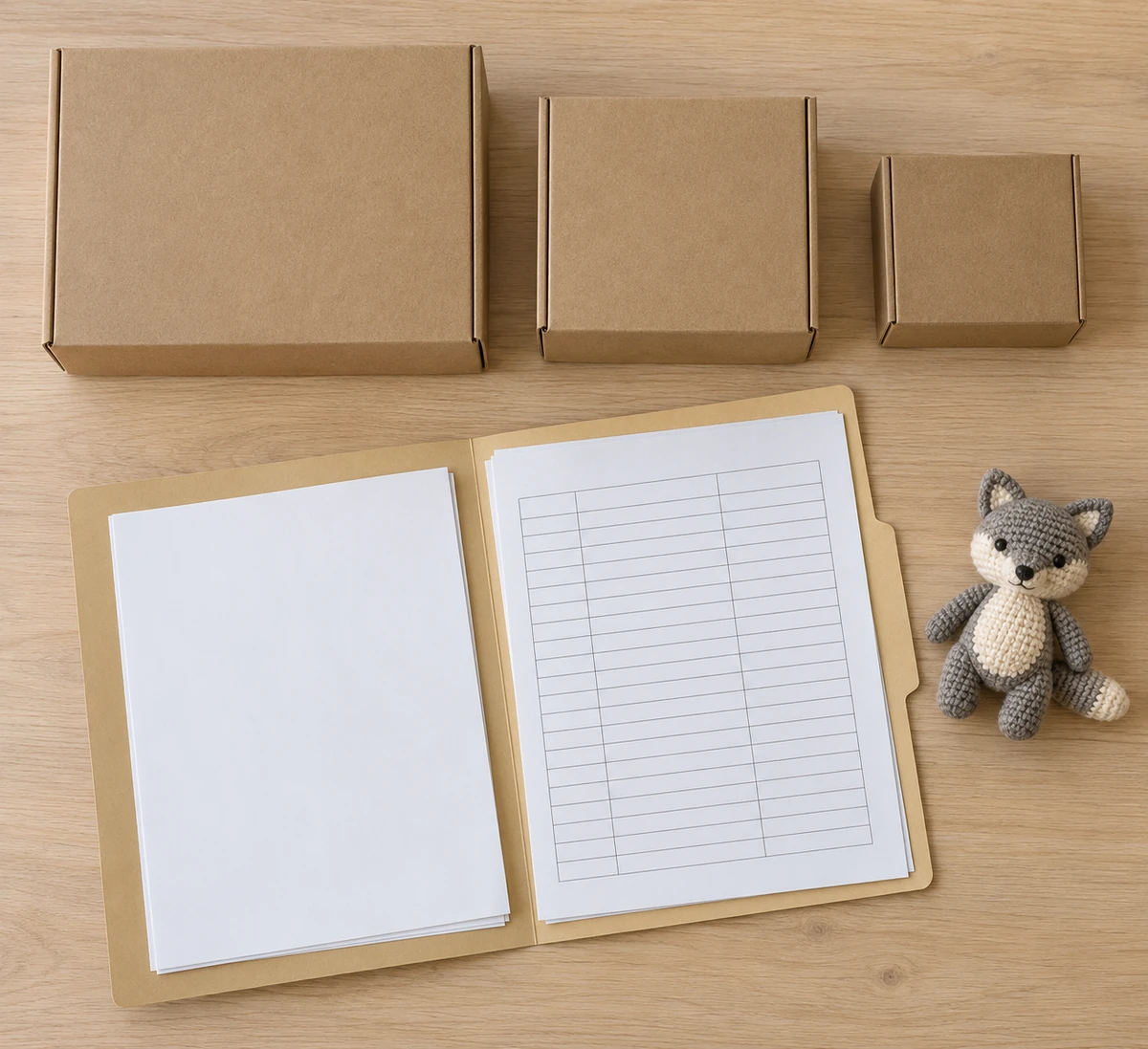 Carpeta de exportación de registros en blanco junto a cajas de kits de manualidades terminados en el escritorio de un fabricante de kits de amigurumi.