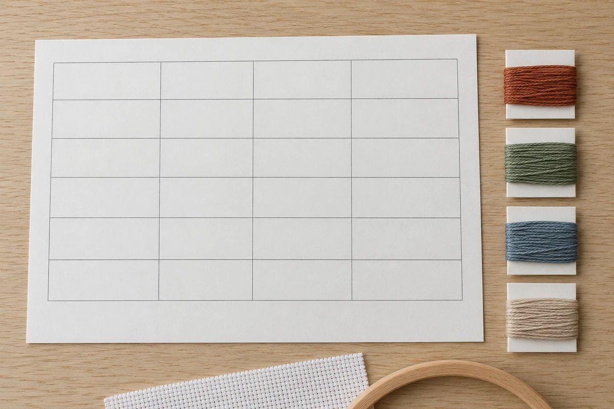 Hoja de registro de muestra en blanco junto a tarjetas de referencia de hilos para una revisión de una fábrica de punto de cruz en China