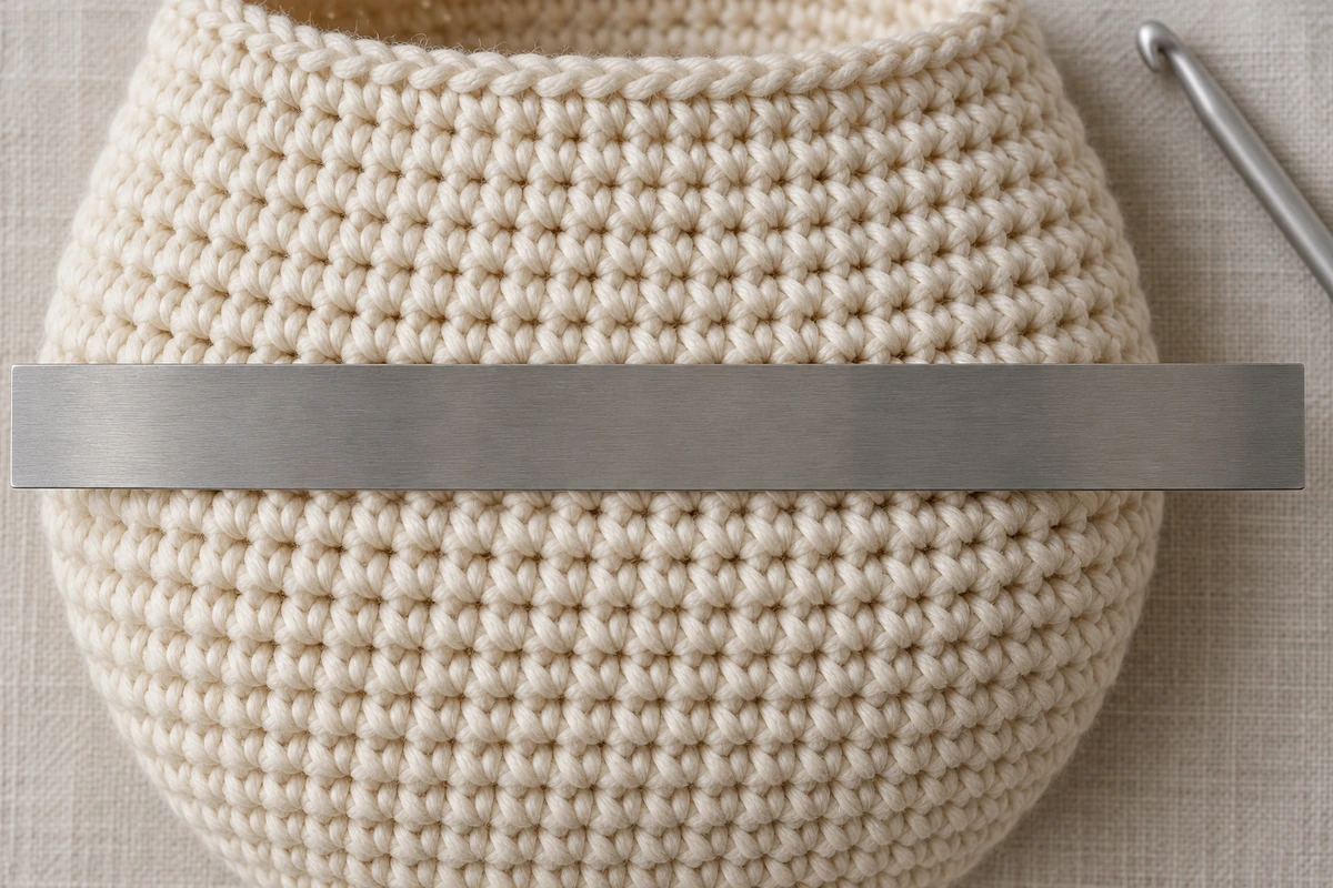 Comprobación de la densidad de puntadas en el cuerpo de un amigurumi con una regla colocada sobre la parte más ancha.