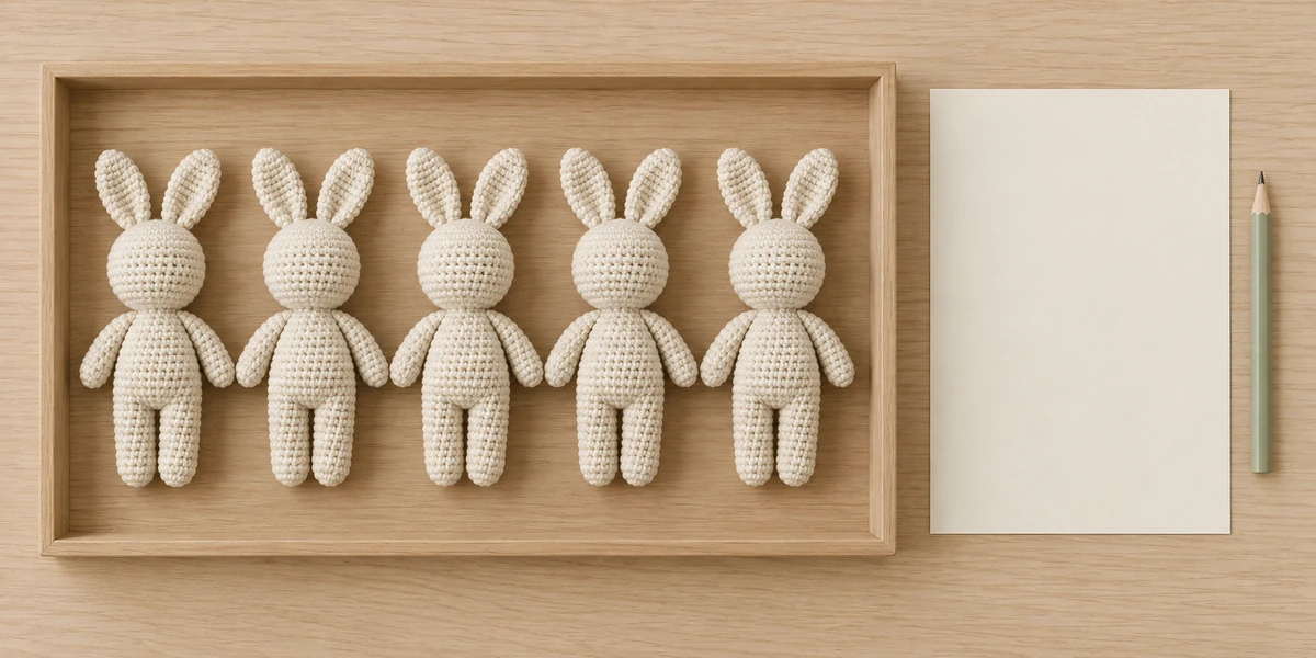 Bandeja de muestras al por mayor de kits de amigurumi junto a una hoja de registro de lotes en blanco bajo una lámpara.