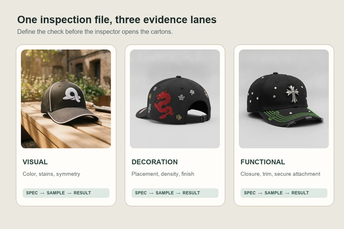 Headwear defect inspection lanes