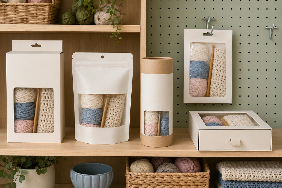 Cinco formatos de empaque de kits de crochet en blanco dispuestos en un estante de una tienda de manualidades para su comparación visual.