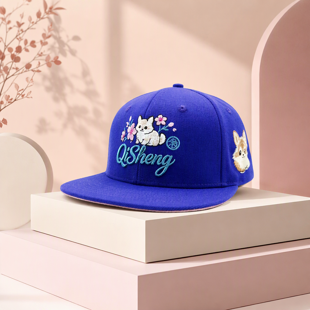 Japanese Cherry Blossom & Cat Embroidered Flat Bill Cap